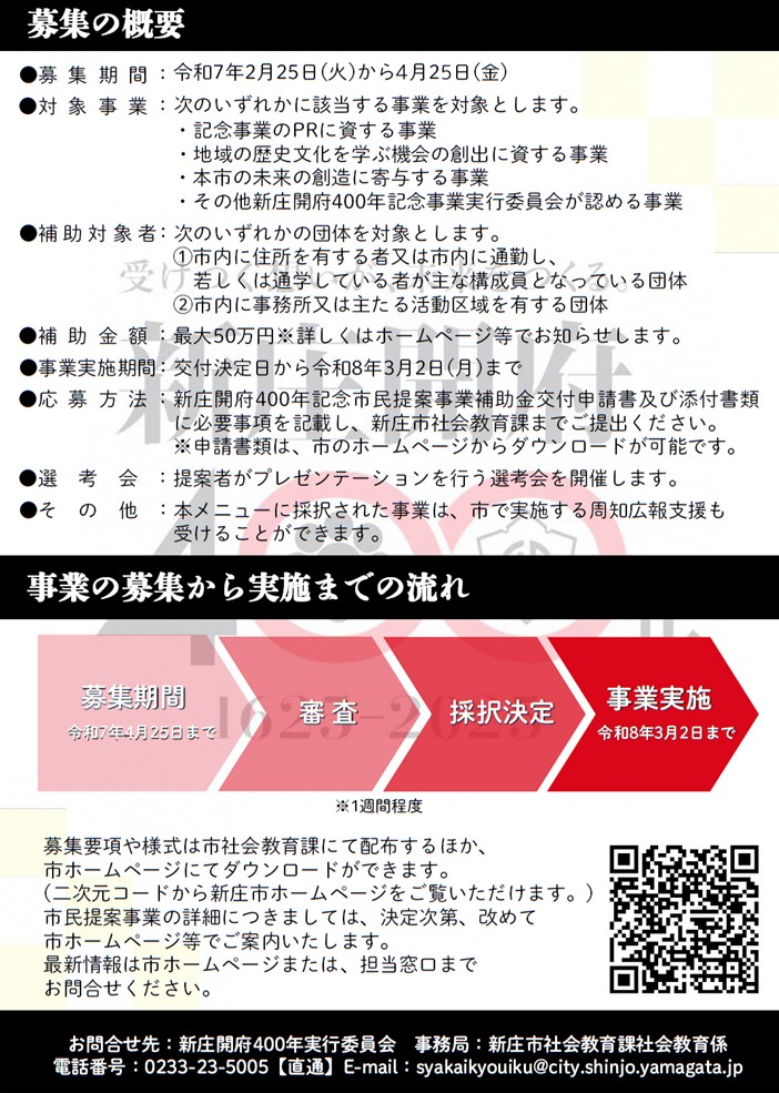 新庄開府400年記念市民提案事業募集 チラシ(裏)の画像